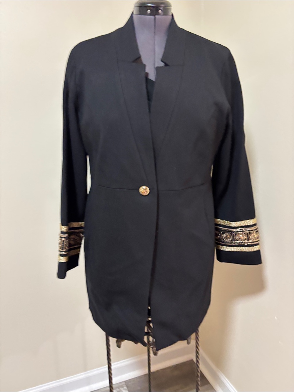 Chico's Black Long Blazer with Gold Embroidered Cuffs